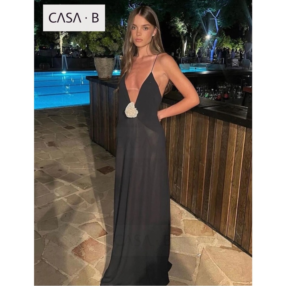 NEW!💫CASA B| Madeline Rosette flower Appliqué Deep V Sheer Long Slip Maxi Dress - Picture 7 of 11